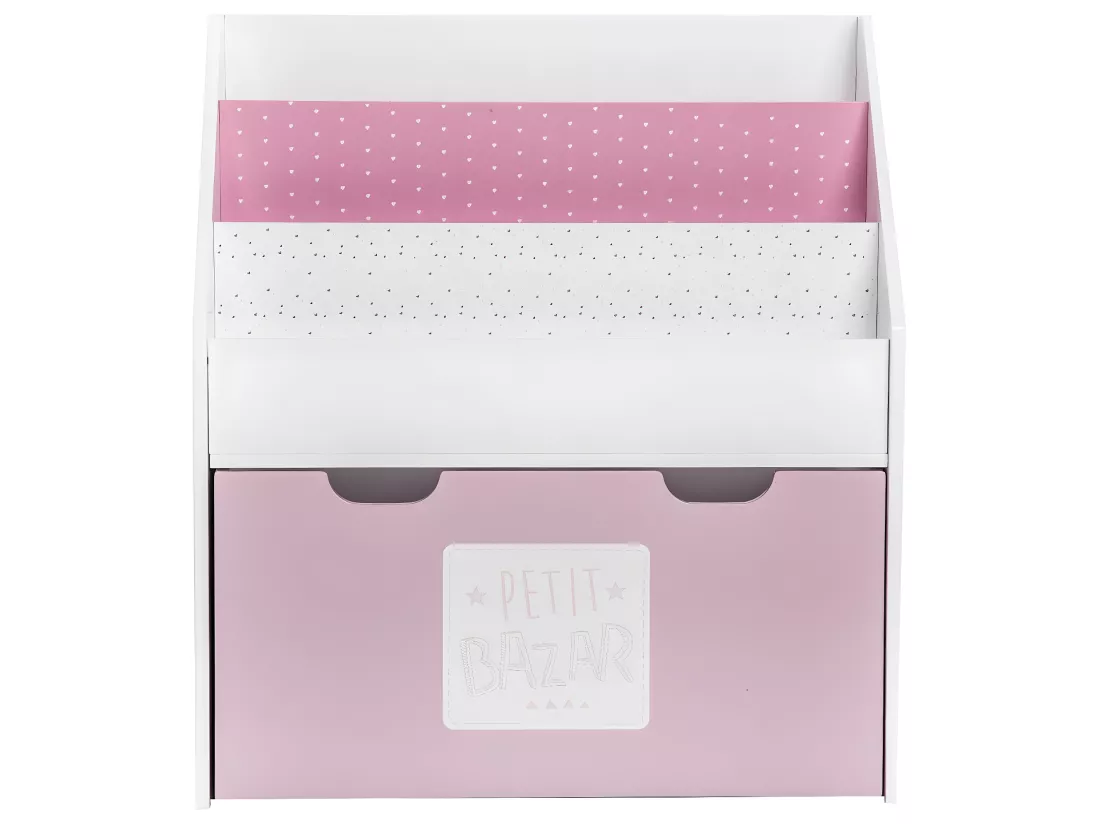 Bibliothèque Enfant blanche & rose avec bac de rangement sur roulette
