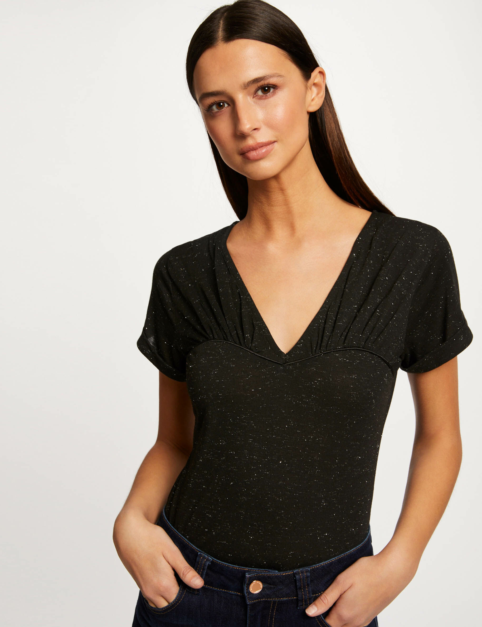 T-shirt manches courtes col en V noir femme - noir