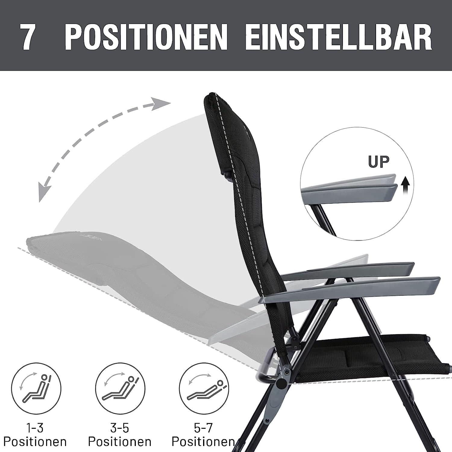 TIMBER RIDGE 2er Gartenstuhl Hochlehner Verstellbar 7-Fach Alu Klappstuhl gepolstert 150kg mit Armlehnen und Kopfstütze Atmungsaktiv klappbar Campingstuhl Balkonstuhl Klappsessel Garten Terrasse