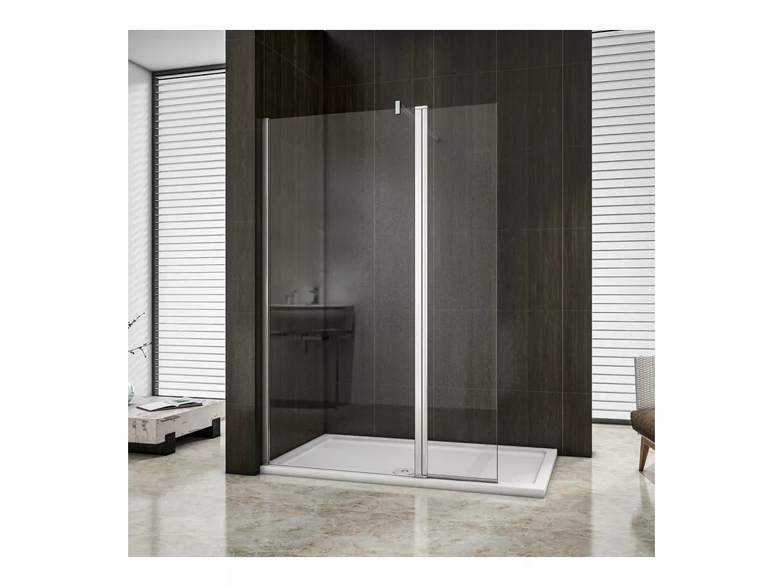 Paroi de douche à l'italienne 90+30x200cm avec retour pivotant - Verre 8mm trempé - Avec barre de fixation 140cm en carré