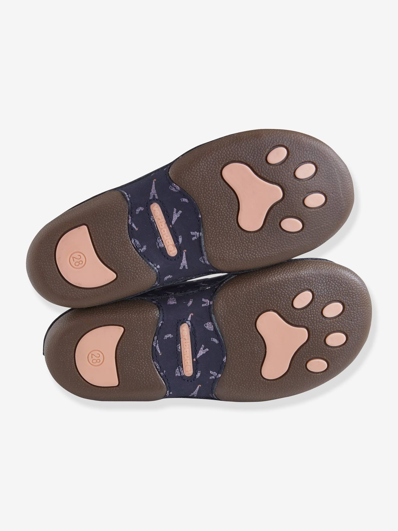 Chinelo de couro estampado com elástico para meninas, estampa azul escura