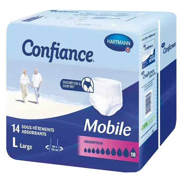 Absorvente Hartmann Confidence Mobile, 10 gotas, tamanho G, pacote com 14 peças de roupa íntima.