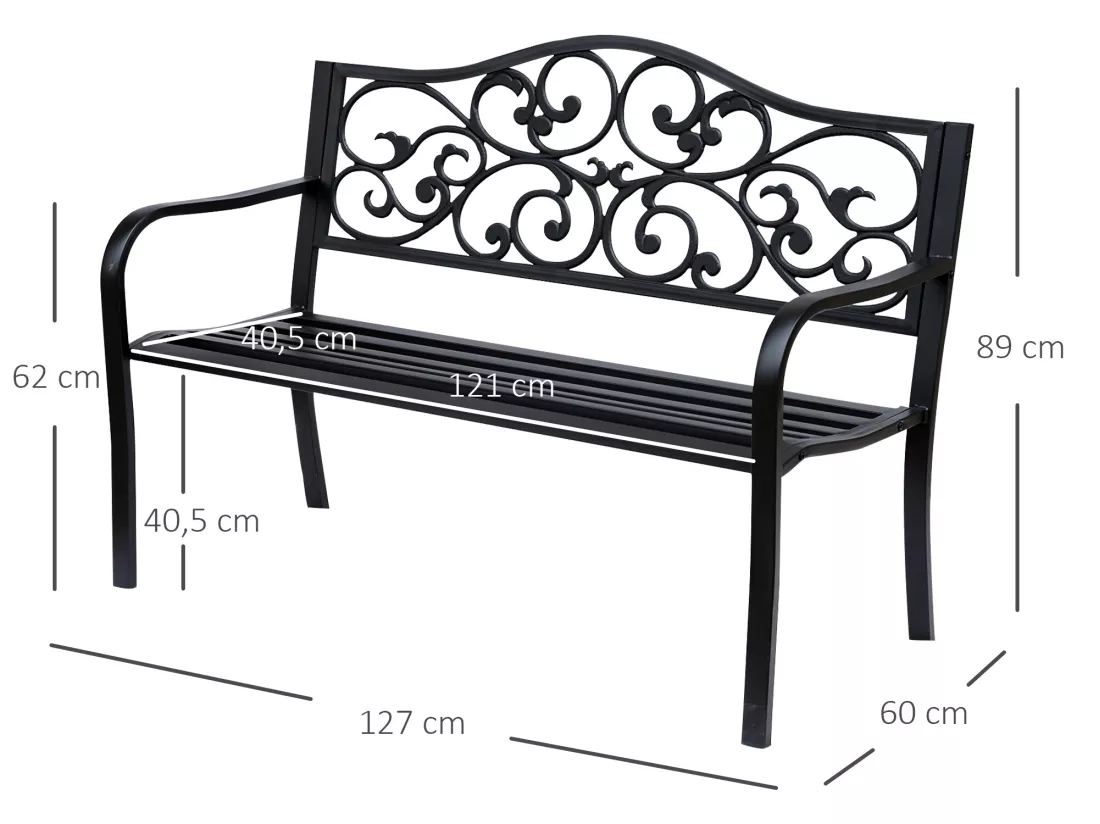 Banc 3 places de jardin terrasse style cosy chic 127L x 60l x 89H cm métal époxy anticorrosion noir
