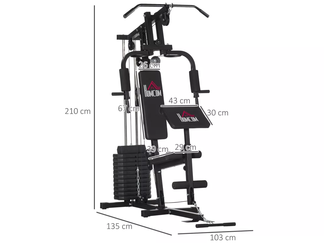 Station de musculation - entrainement complet - développé couché, butterfly, barre latissimus, curler, bande résistance - 11 contrepoids - acier noir