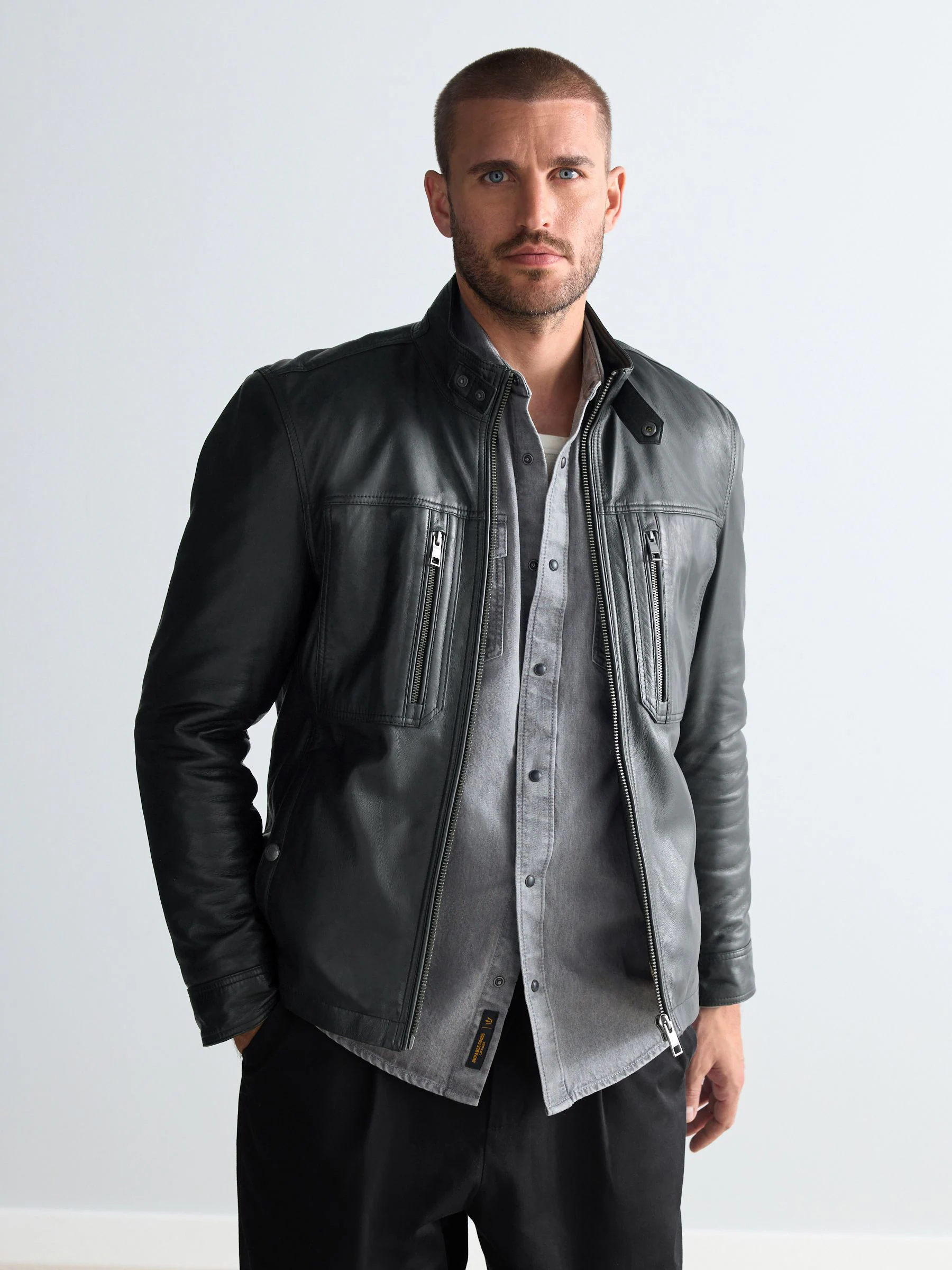 Zwart - Leren Signature Utility Borg gevoerde jas
