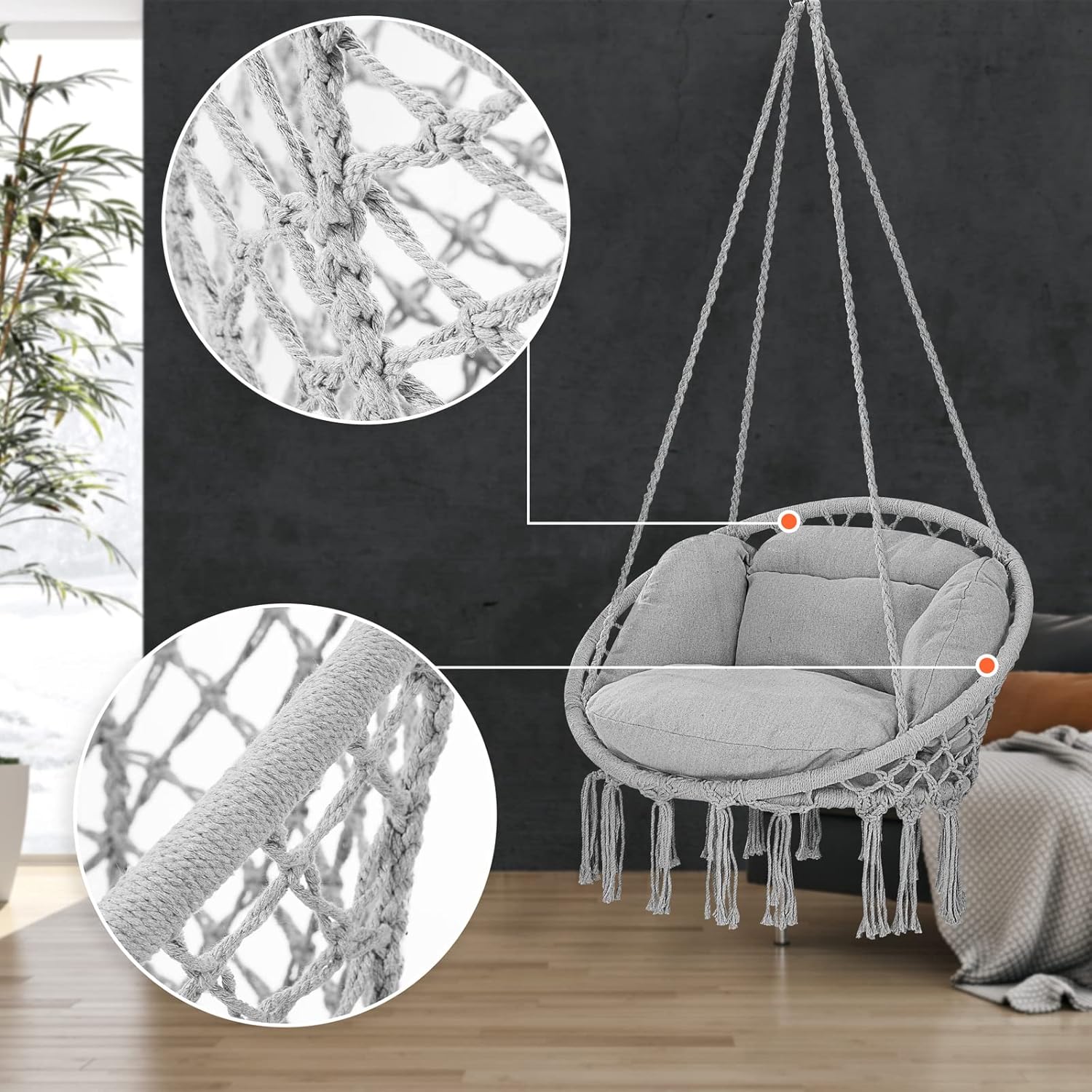 DETEX® Hängesessel bis 150kg Belastbar Boho Stil Wetterfest GS-Zertifiziert Garten 360° Drehbar Grau Hängestuhl Indoor & Outdoor inkl. bequemer Kissen
