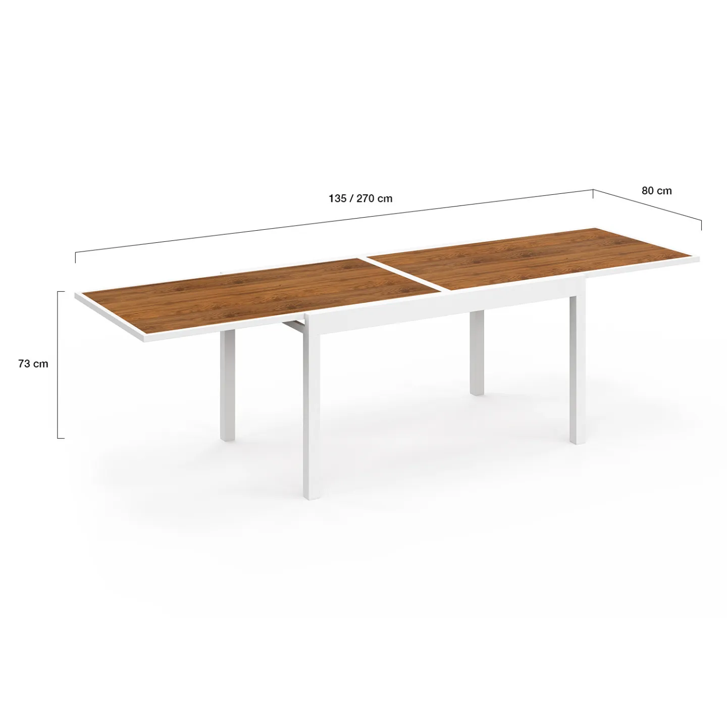 Salon de jardin NOUMEA extensible table 135/270 cm plateau effet bois et 12 chaises empilables blanc et bois