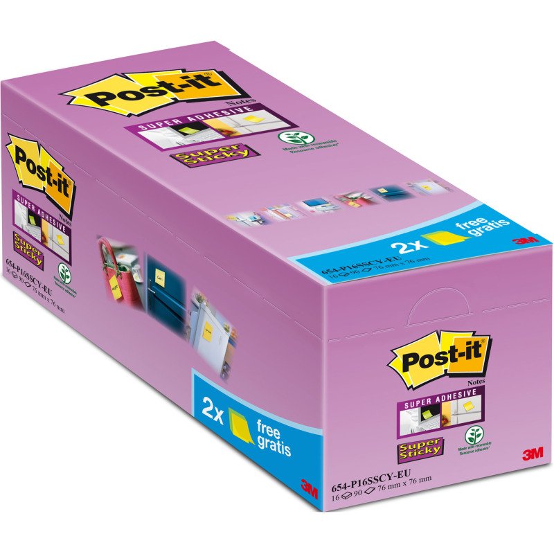 Pack de 14 notes repositionnables jaune Super Sticky Post-it 76 x 76 mm - bloc de 90 feuilles + 2 offertes