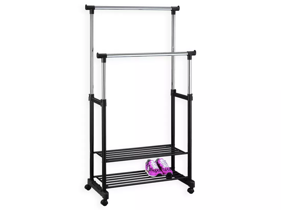 Portant à vêtements NELMA penderie double sur roulettes vestiaires mobile avec 2 barres réglables en hauteur et 2 étagères chromé