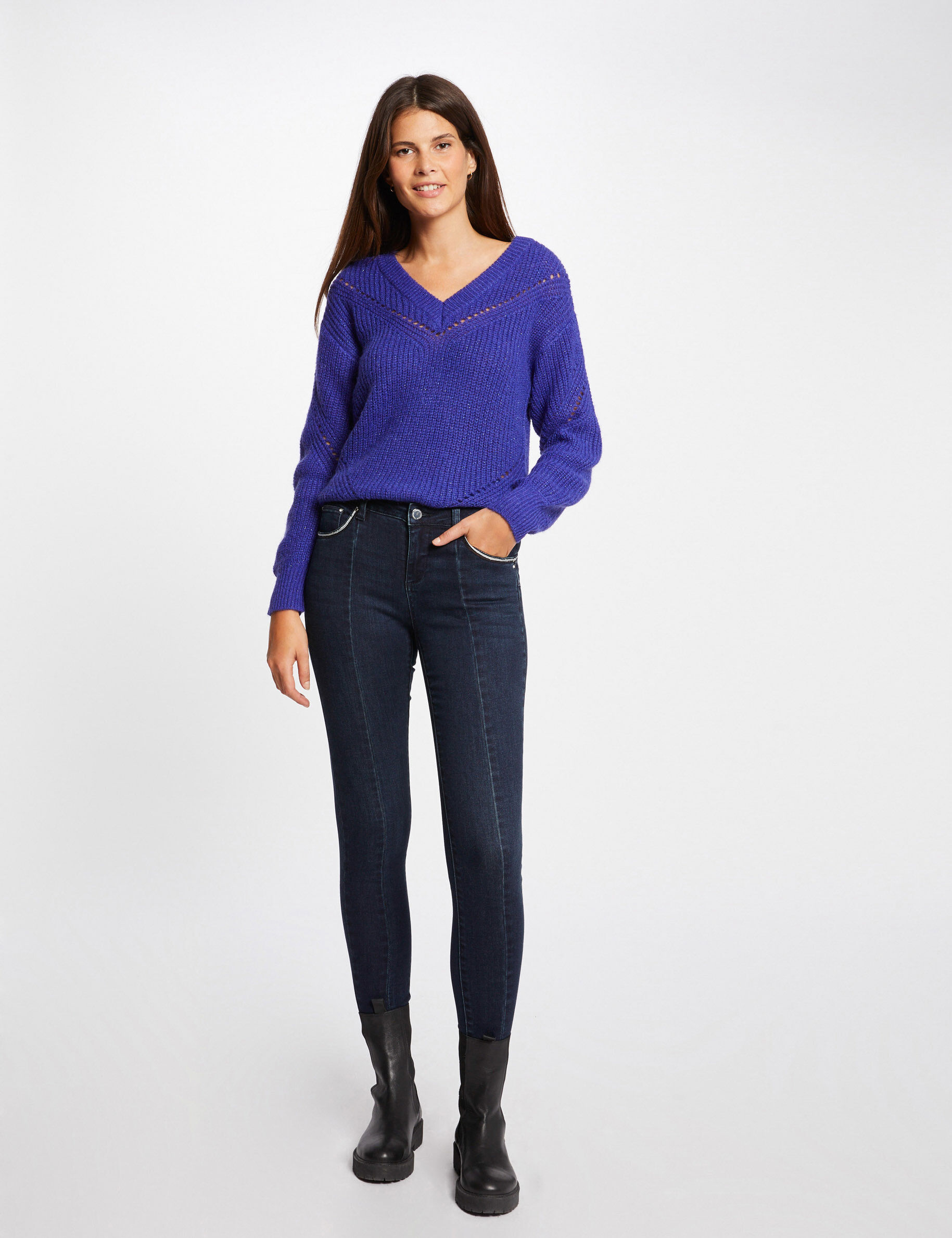 Pull manches longues avec col en V violet femme - violet