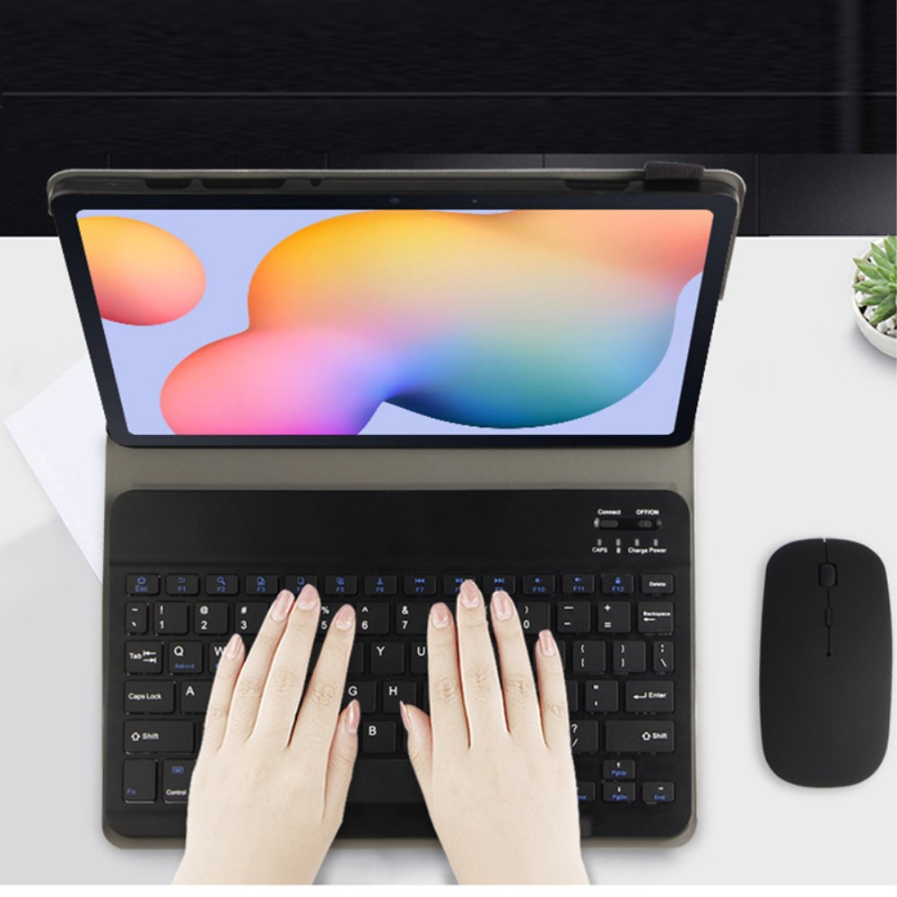Samsung Galaxy Tab S8 / Tab S7 Leder Tasche mit Bluetooth Tastatur (QWERTY)   Touch Pen Halterung Litchi Look - Schwarz