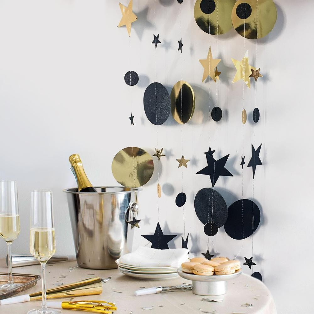 (4m) Girlande Glitzer / Glanz Kreise und Sterne Party Dekoration Accessoire - Gold / Schwarz