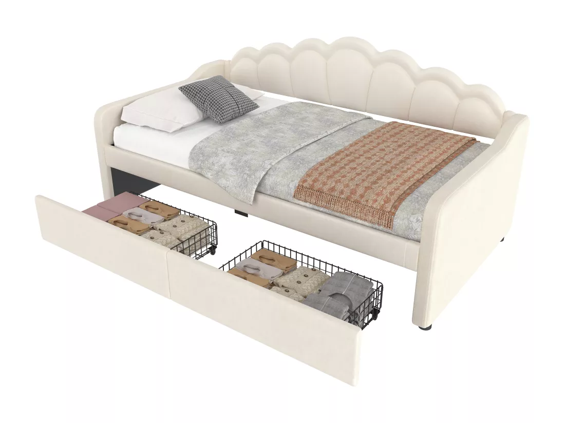 Canapé-lit 90x200 cm - avec éclairage LED - avec 2 tiroirs - velours - beige (sans matelas)