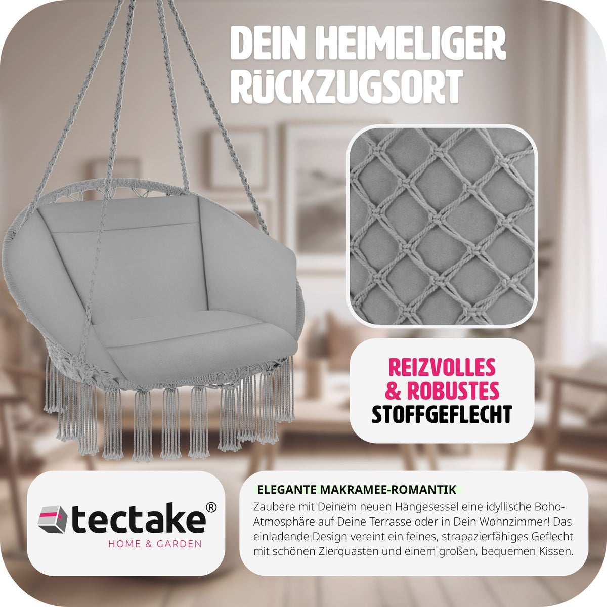 tectake Grazia hangstoel met zit- en rugkussens 80 x 72 x 125 cm
