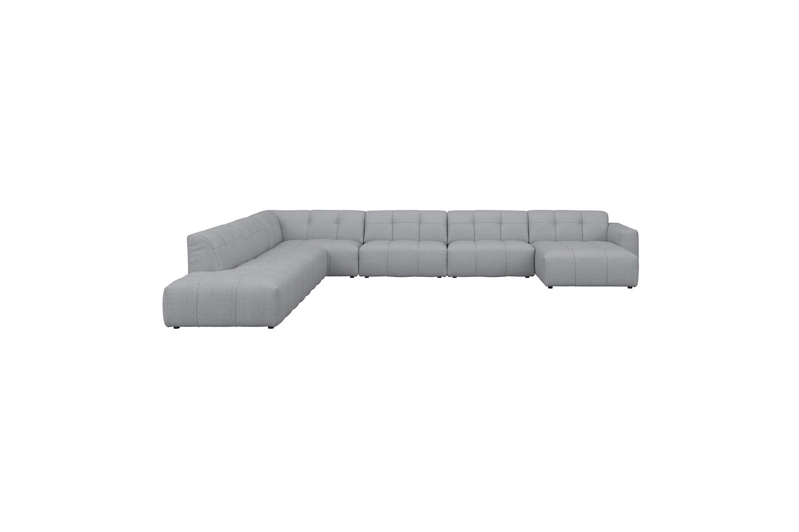 Chess U-sofa oppsett Åpen ende venstre, 1,5-seter, XL HJ, 3-seter og sjeselong høyre. Tekstil Evita Light Grey med sorte treben. Komfort C1