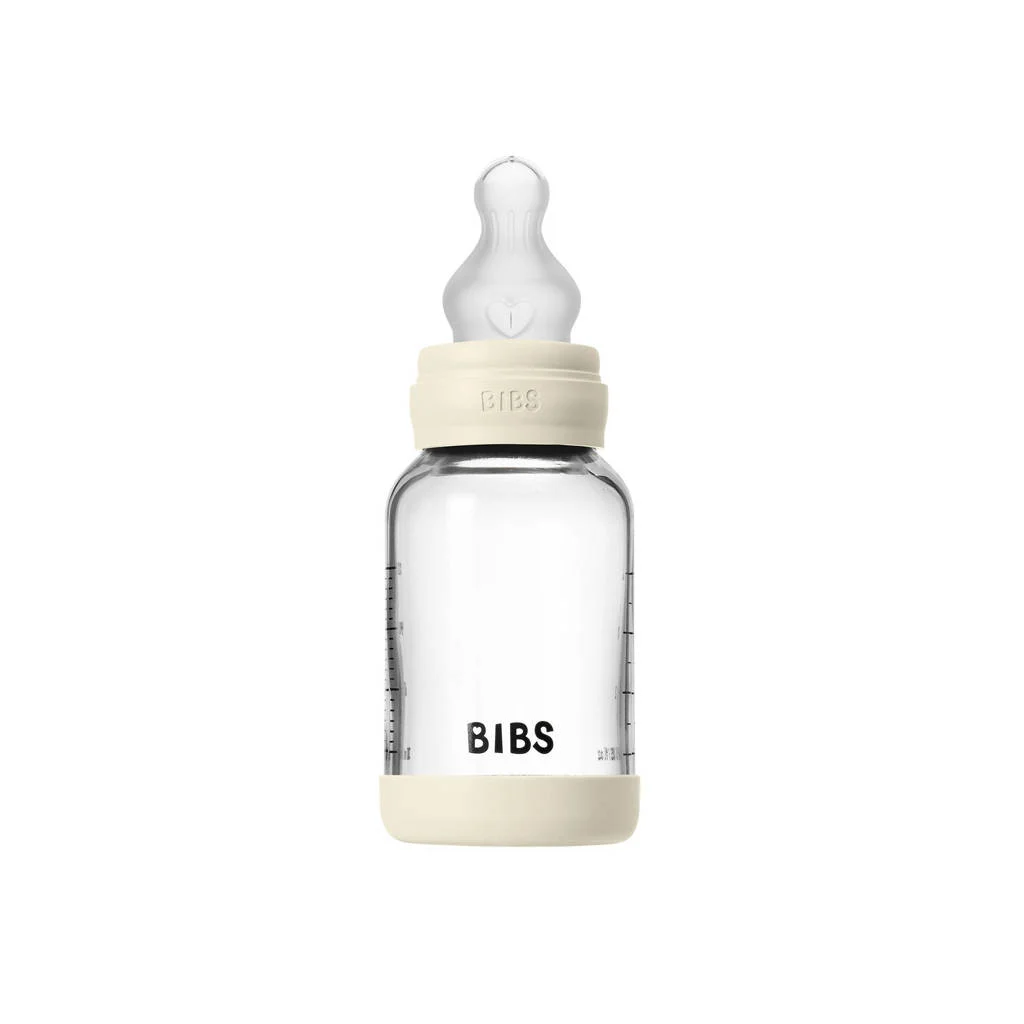 BIBS Glazen Babyfles - 120 ml - Ivory - met silicone speen en opvouwbare trechtertje