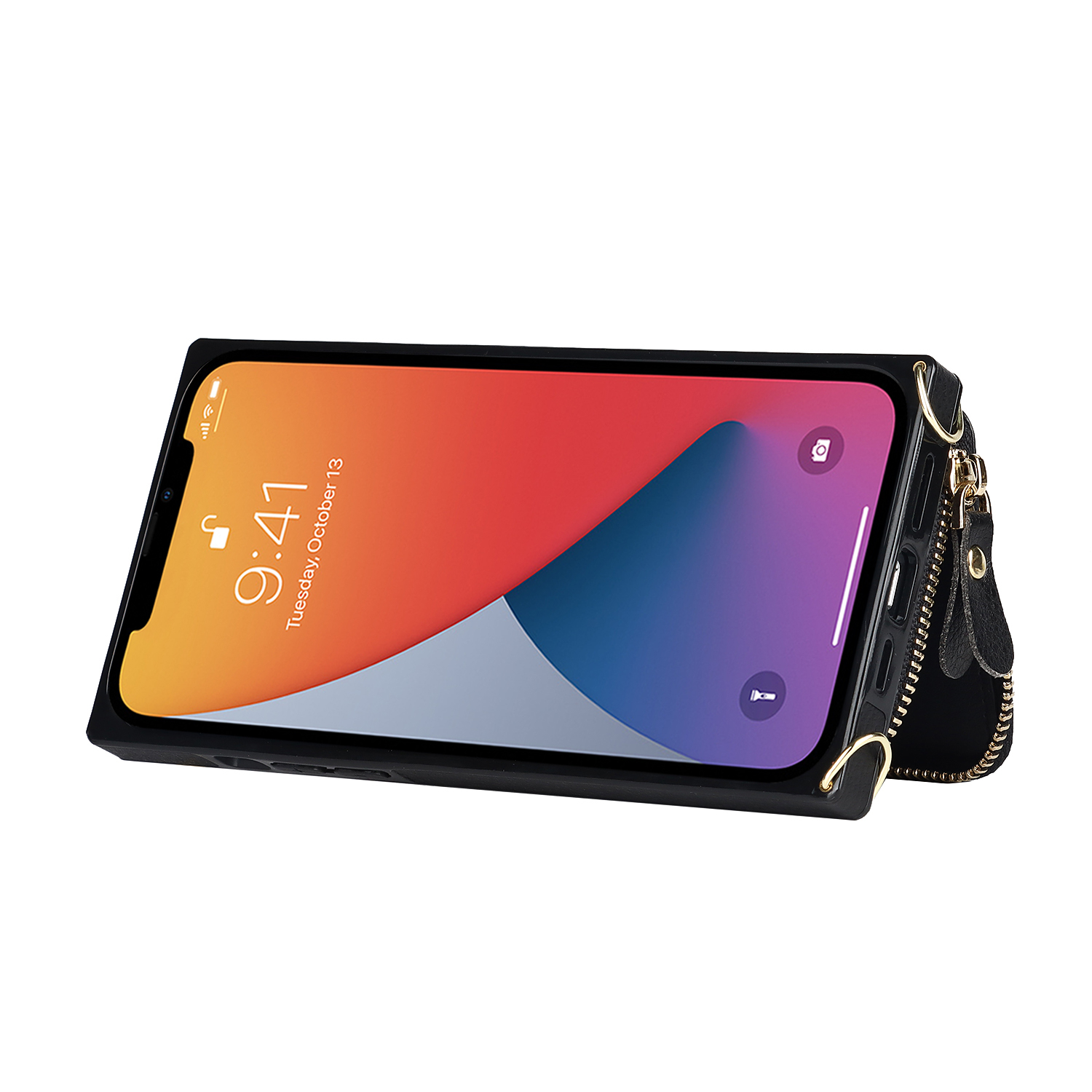 iPhone 13 Pro Necklace Leder Schutz Hülle mit Kartenfächer   Handykette (140cm) - Schwarz