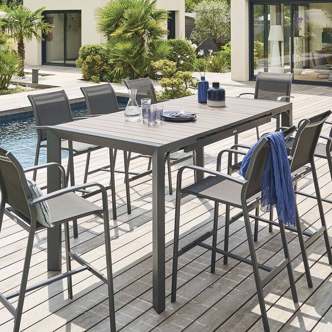 Table haute de jardin extensible ÉVASION Seigle effet bois & Graphite