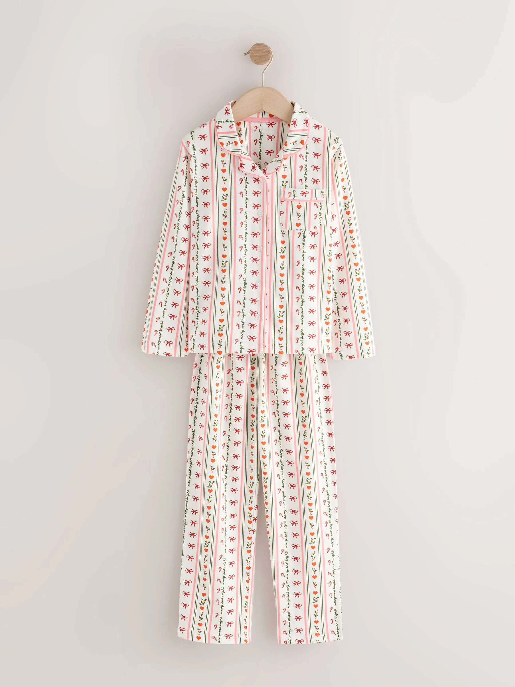 Rood/crème strik/suikerstok - Kerst jersey pyjama met knoopsluiting (3-16jr)