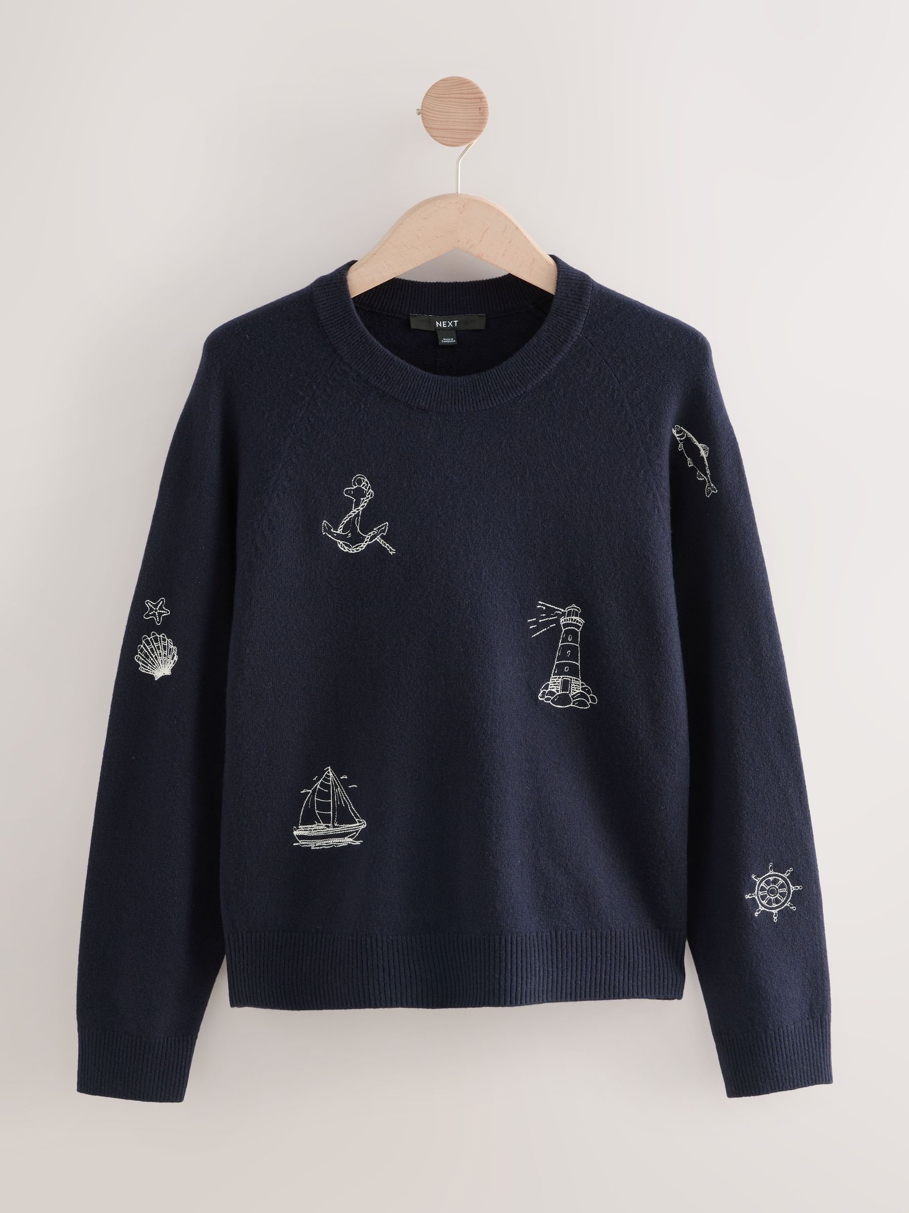 Marineblauw met borduursels - Superzachte trui met ronde hals en lange mouwen