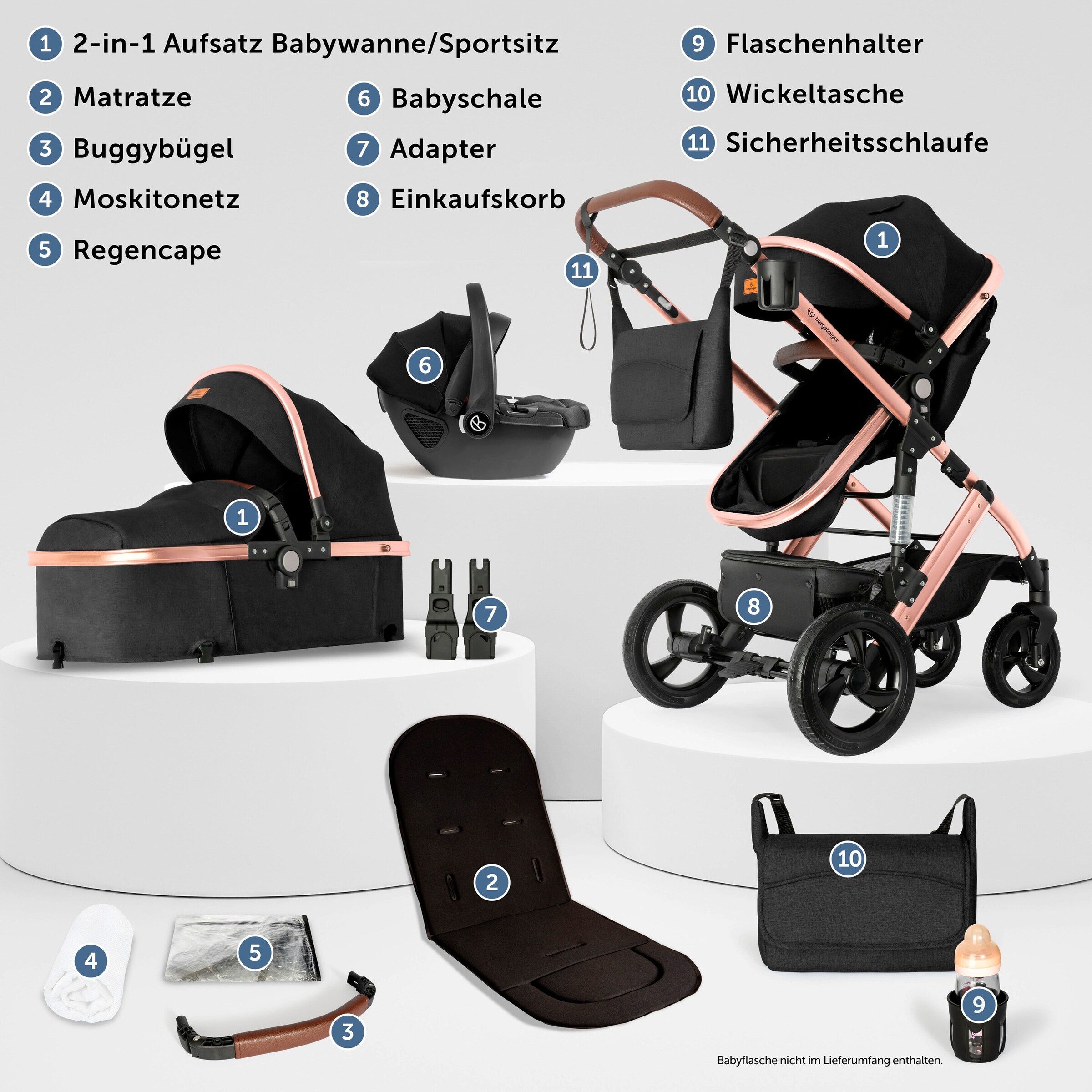 Bergsteiger Kinderwagen Nizza + Babyschale black | Gestell: rose golden