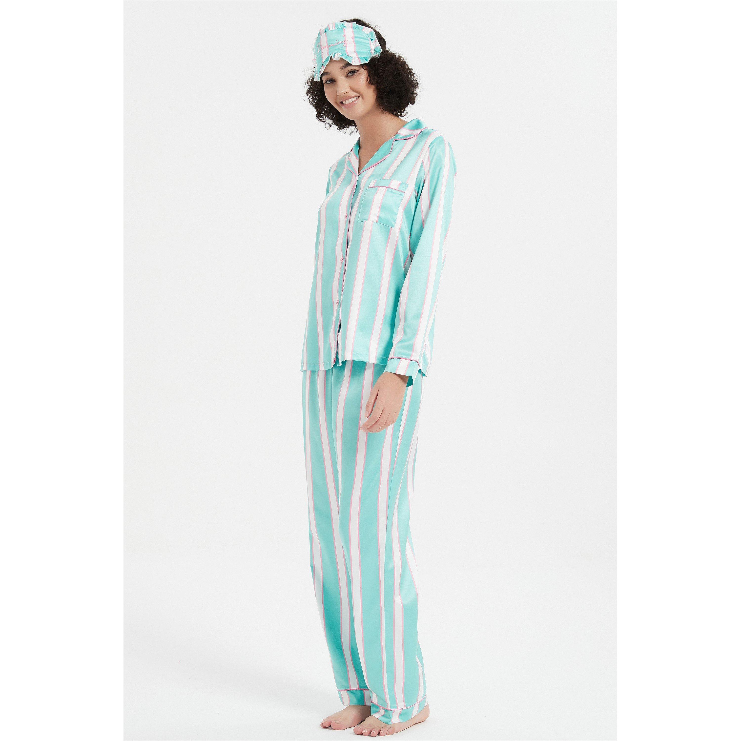 Linea Ladies Stripe Satin Pyjama and Eye Mask Set