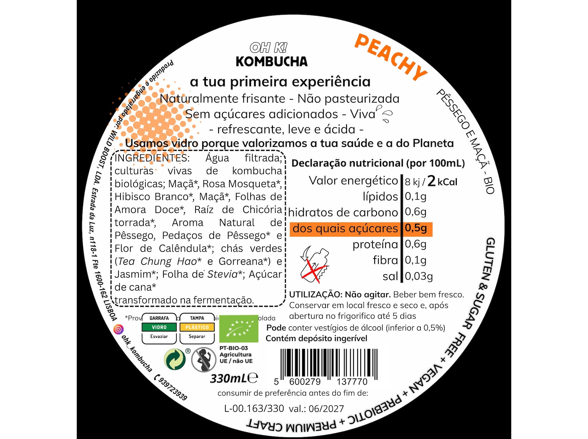 KOMBUCHA BIO OH K! PEACHY (PÊSSEGO) 330ML
