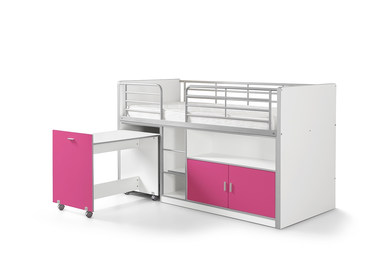 Funktions-Hochbett BONNY - weiß-pink - mit Schreibtisch - 90x200 cm
