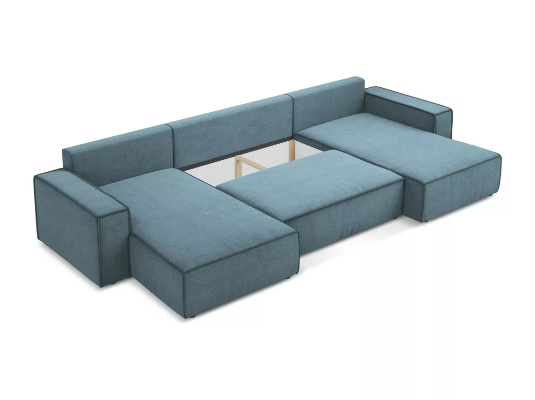 Canapé d'angle panoramique convertible en tissu texturé - bleu clair - KIMO