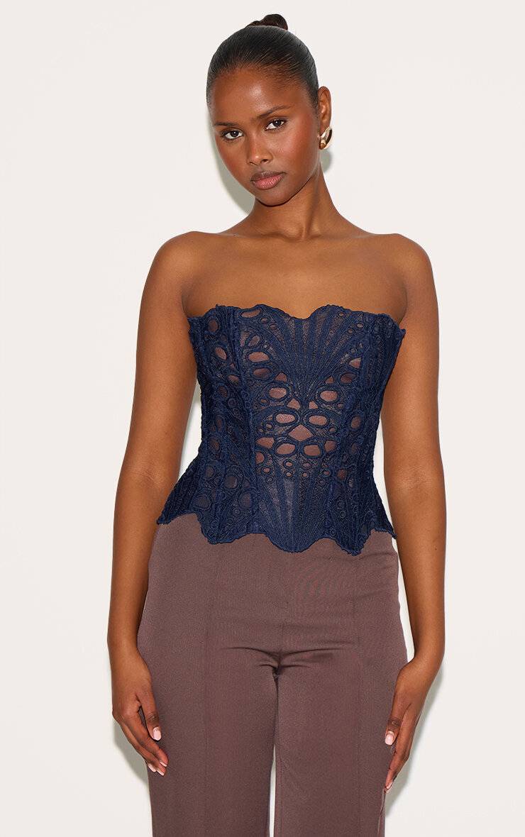 Bleu Marine Corset En Dentelle Florale Transparente Texturée
