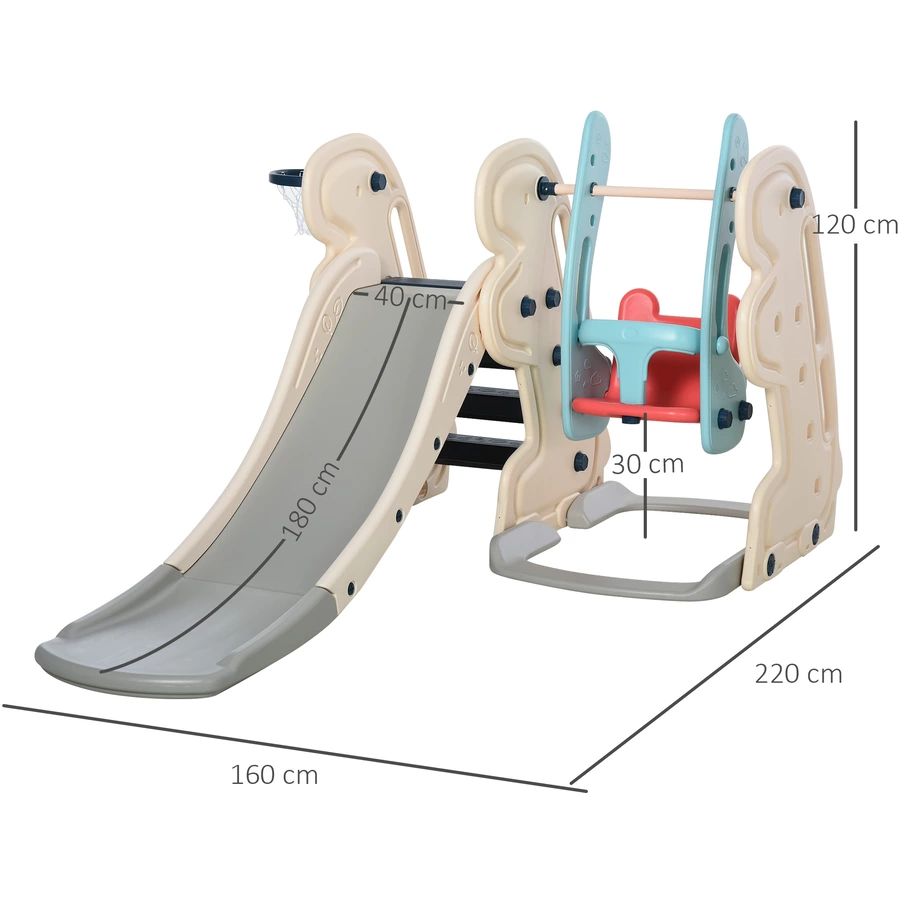 HOMCOM 3-in-1-Kinderrutsche mit Schaukel und Basketballkorb weiß, blau, grau