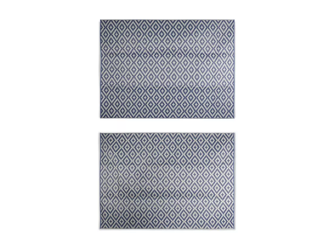 Tapis d’extérieur 270x360cm STOCKHOLM - Rectangulaire. motif losanges bleu / beige. jacquard. réversible. indoor / outdoor.