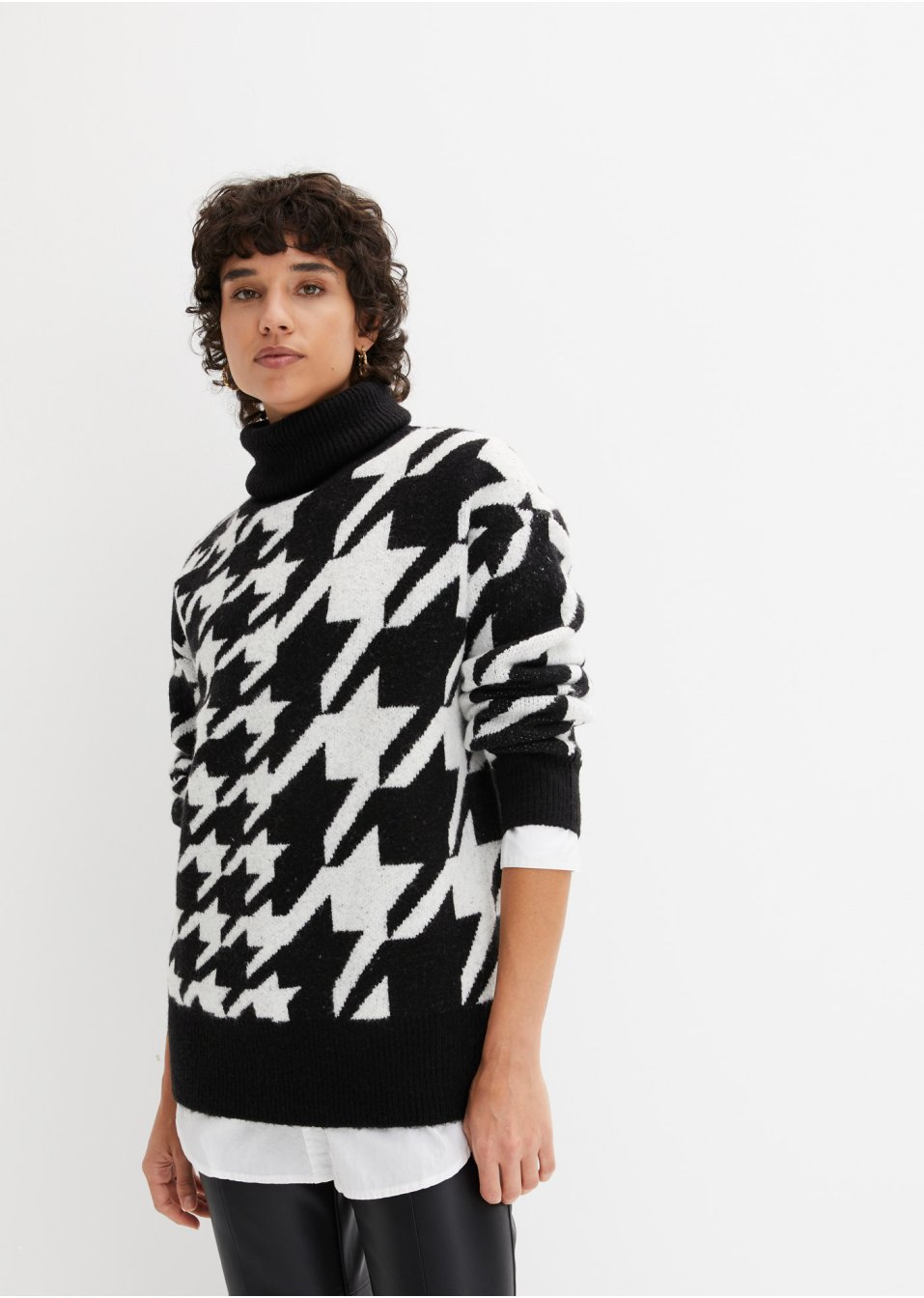 Pull col roulé à motif pied-de-coq