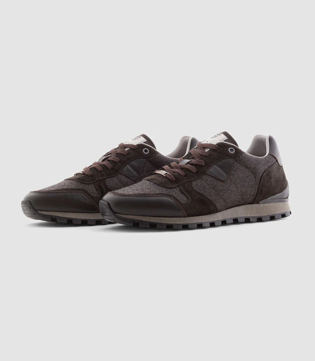 Sneakers bi-matière en cuir marron 