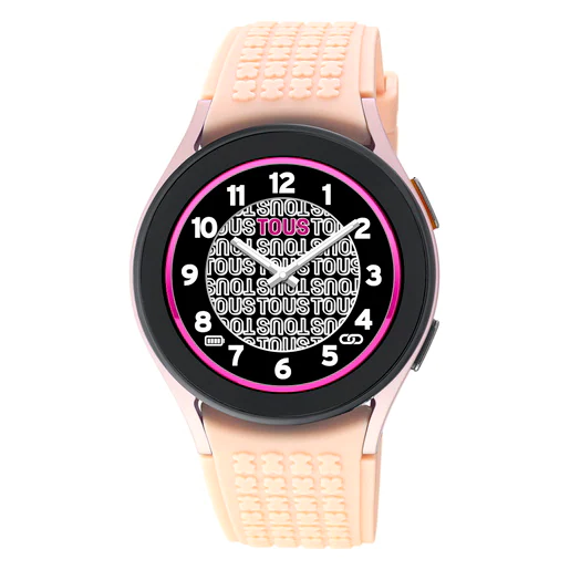 Relógio inteligente Samsung Galaxy Watch 5 X TOUS em alumínio rosa com pulseira de silicone rosa.