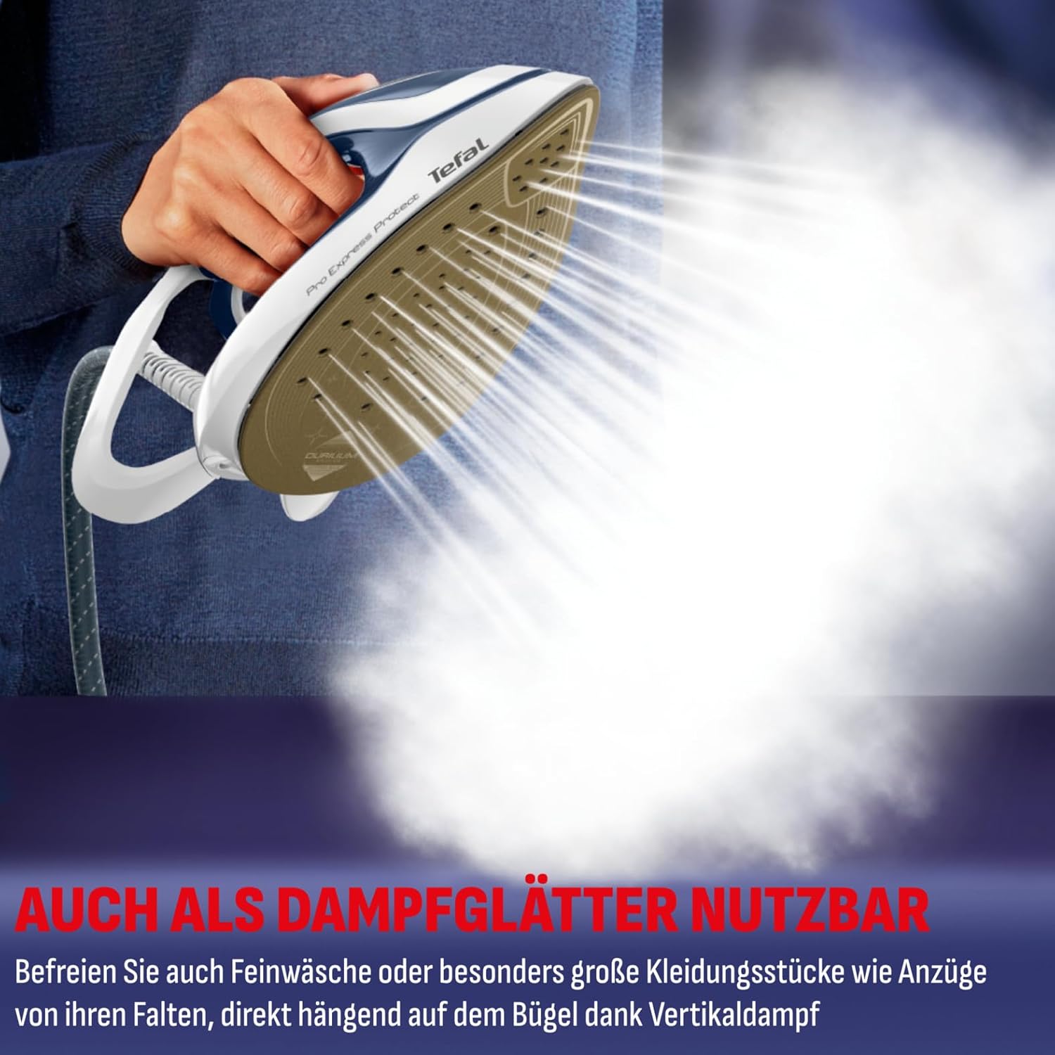 Tefal Pro Express Protect Dampfbügelstation, 7,6 Bar Dampfdruck, variable Dampfmenge: 140 g/Min., Dampfstoß: 550 g/Min., Anti-Kalk-Kollektor, vertikale Dampffunktion, blaugrau/weiß, GV9225