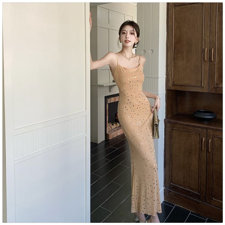 Aurora - Spaghettibandjes maxi-zeemeerminjurk met strass
