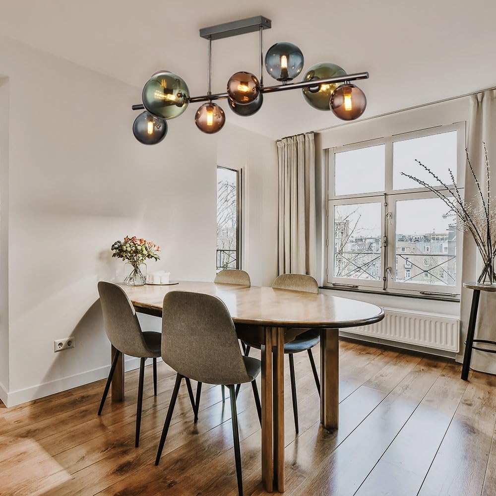 LED Deckenleuchte 9 Flammig Deckenlampe Glaskugeln Esszimmerleuchte Kugeln, bronze petrol grün, 9x 3,5W 350Lm warmweiß, LxBxH 87x30x38 cm