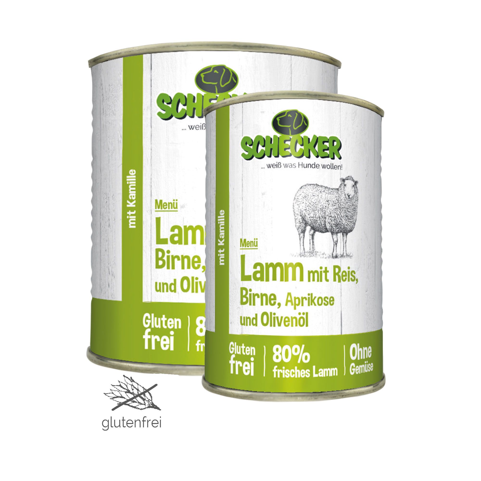 Schecker Hundemenü  mit Lamm mit Reis Birne Aprikose und Olivenöl
