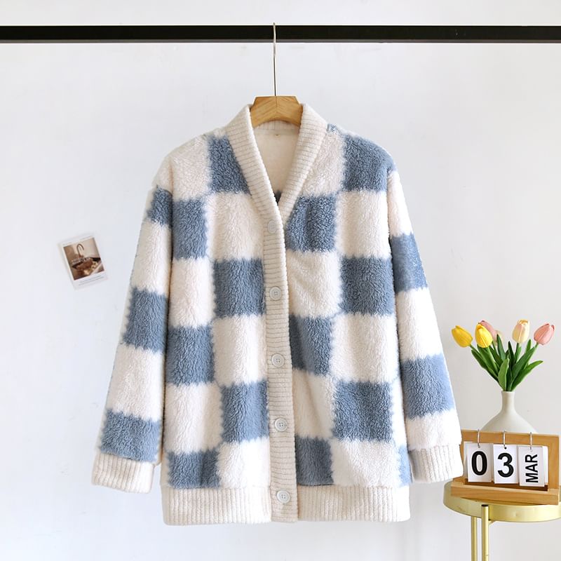 Somnus - V-hals geruite koraalfleece pyjamatop met knoopjes