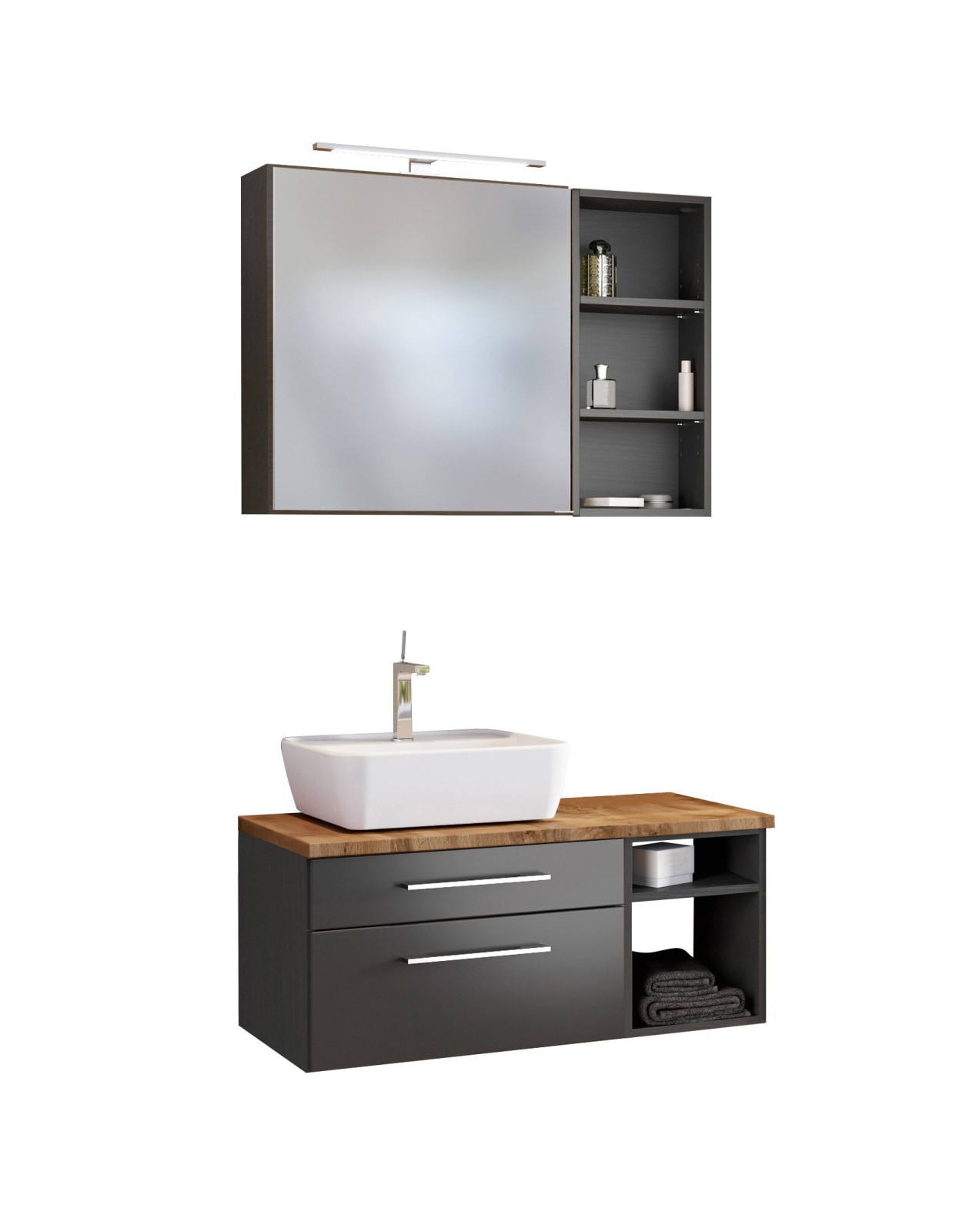 3-teiliges Badmöbel-SetDAVOS - grau - 90 cm breit - Becken links