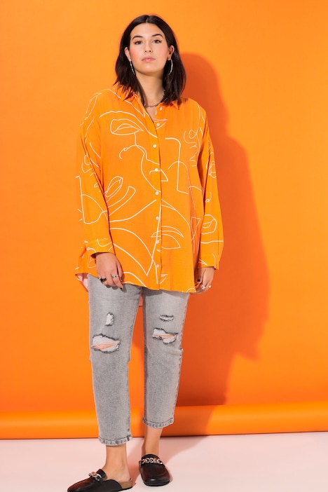 Hemdbluse, oversized, Musselin, Print, Langarm