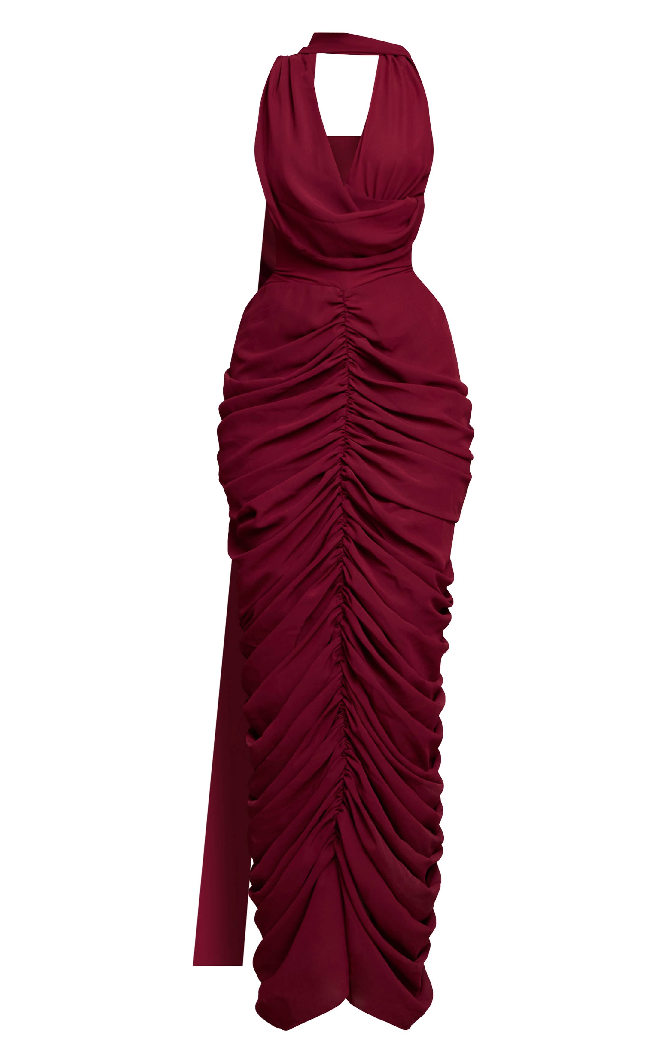 Rouge Vin Robe Longue Froncée En Mousseline Avec Détail Foulard