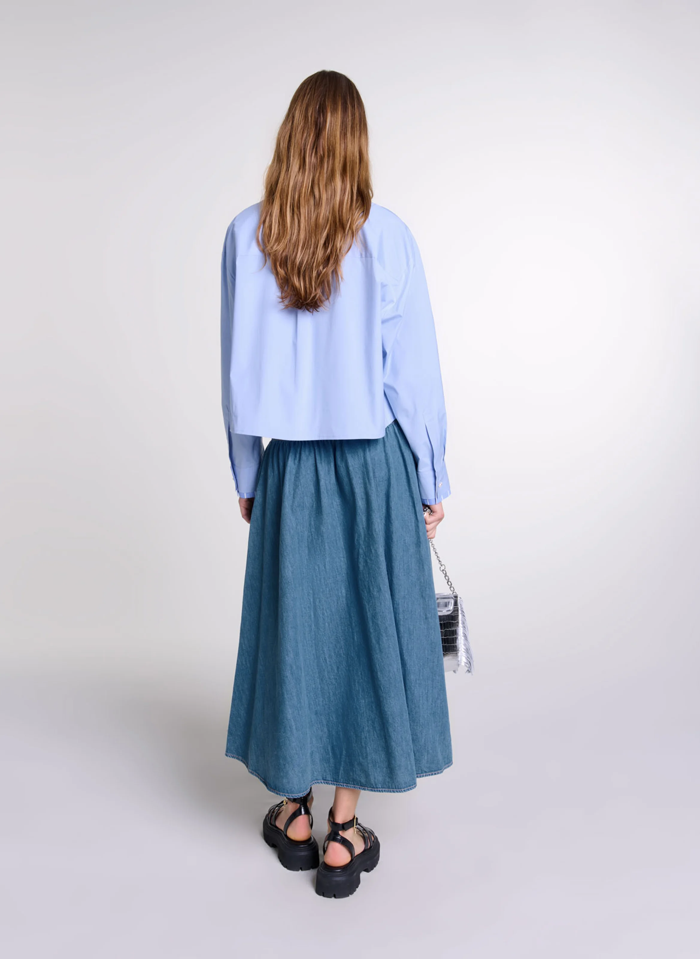 Jupe longue évasée en denim de coton | Bleu