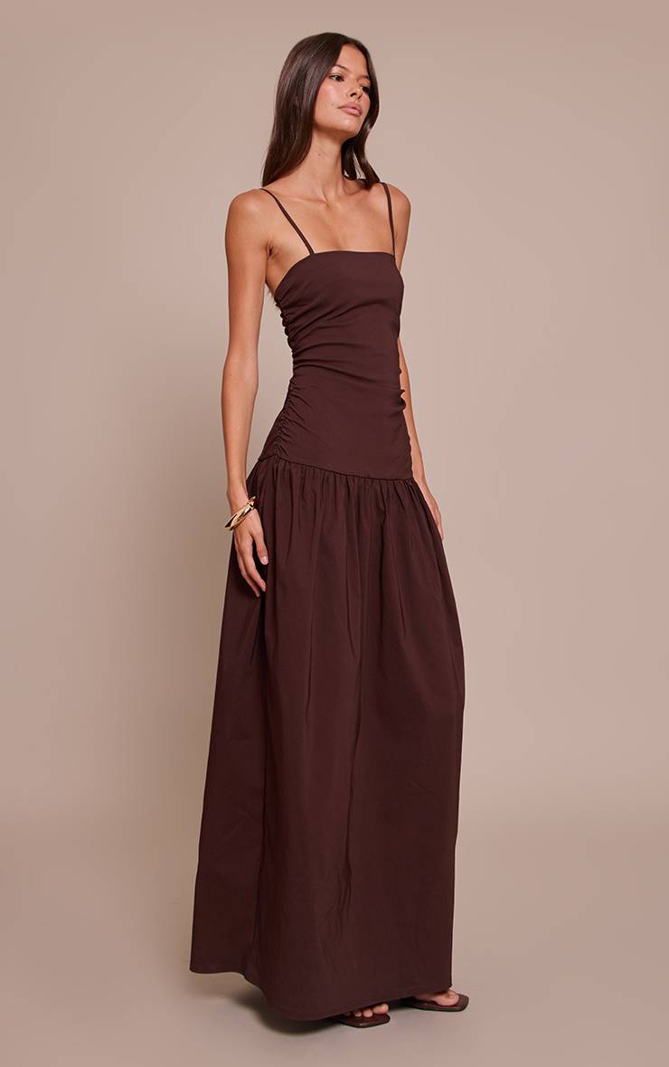 Chocolat Robe Longue Froncée À Bretelles En Tissu Extensible