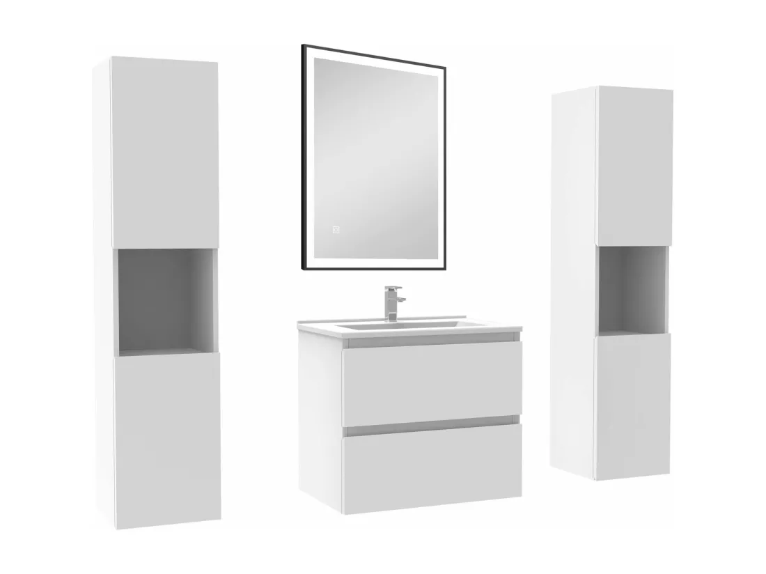 Meubles Salle de Bain 60cm avec colonne et miroir lumineux 3 couleurs et dimmable blanc