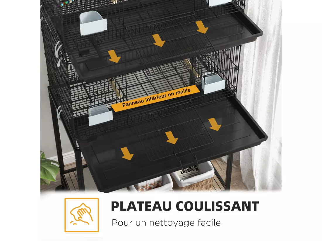 Double cage à oiseaux sur roulettes - étagère, plateau déjection, 4 perchoirs, 4 mangeoirs, poignée - dim. 77L x 46l x 164H cm acier noir