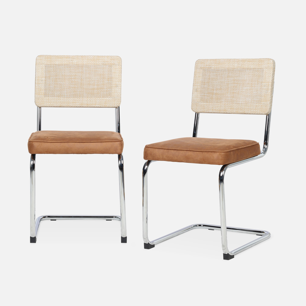 2 chaises cantilever - maja - tissu marron clair et résine effet rotin. 46 x 54.5 x 84.5cm