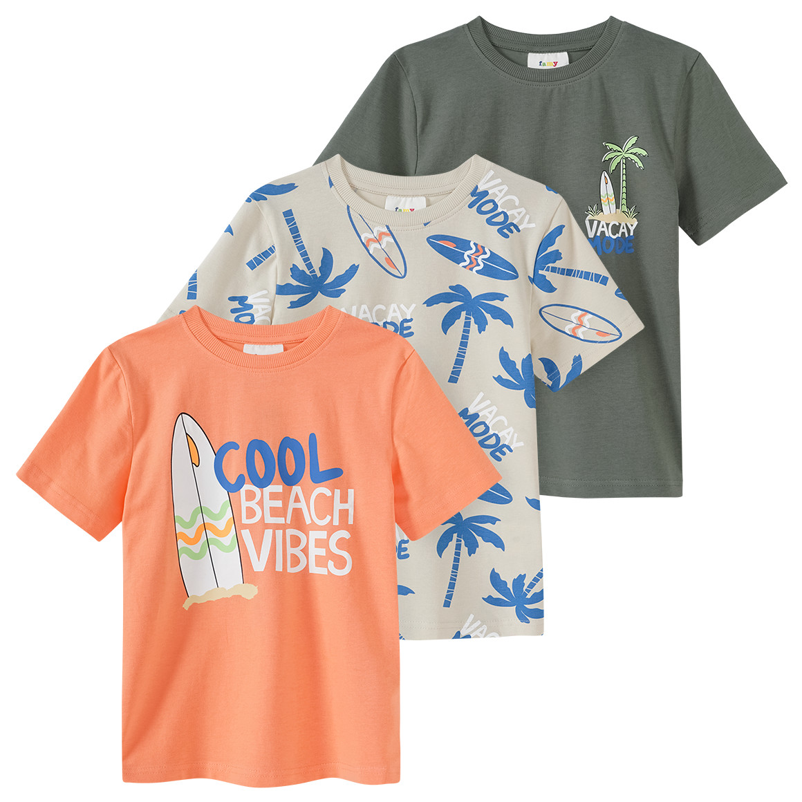 Famy 3 Jungen T-Shirts in verschiedenen Dessins orange / dunkelgrün / beige