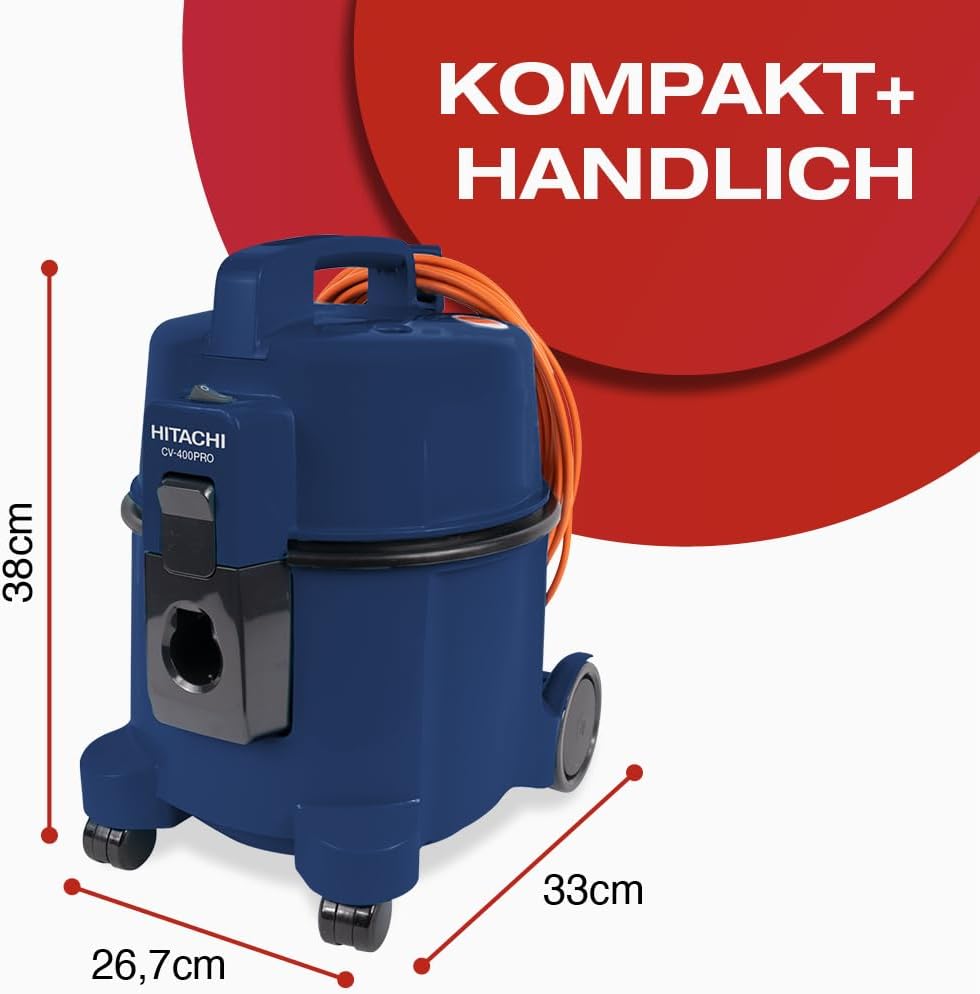 HITACHI Staubsauger CV-400 PRO mit HEPA Filter 7,5L, Beutellos - Profi Bodenstaubsauger 880W, leise 74 dB, 13m Radius, Teppichdüse & Zubehör, Gewerbesauger für Haushalt & Industrie (Dunkelblau)